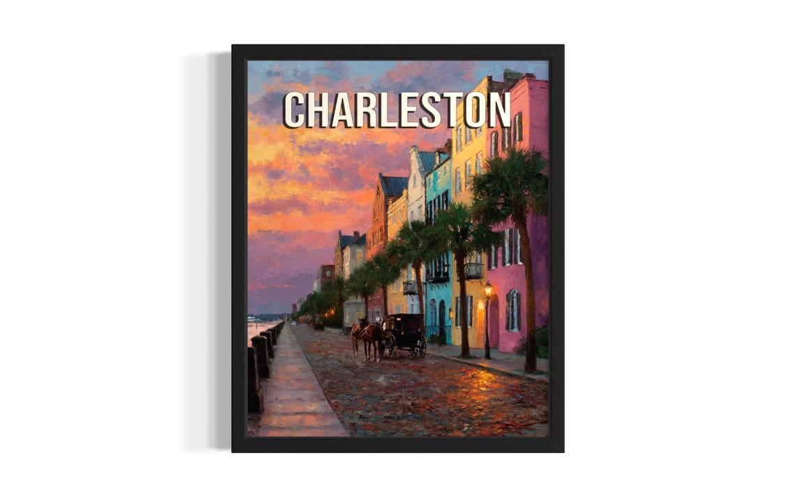 Charleston Rainbow Row Sunset Horse Drawn Carriage Cobblestone Poster