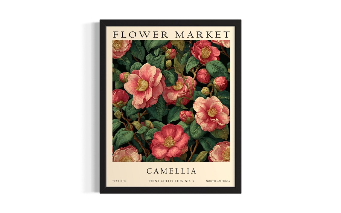 Camellia Flower Market Pink Rose Botanical Illustration Poster