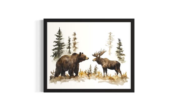Bear And Moose Animal In Harmony Forest Wildlife Poster Art Print Living Room Wall Original Painting Artwork Decor