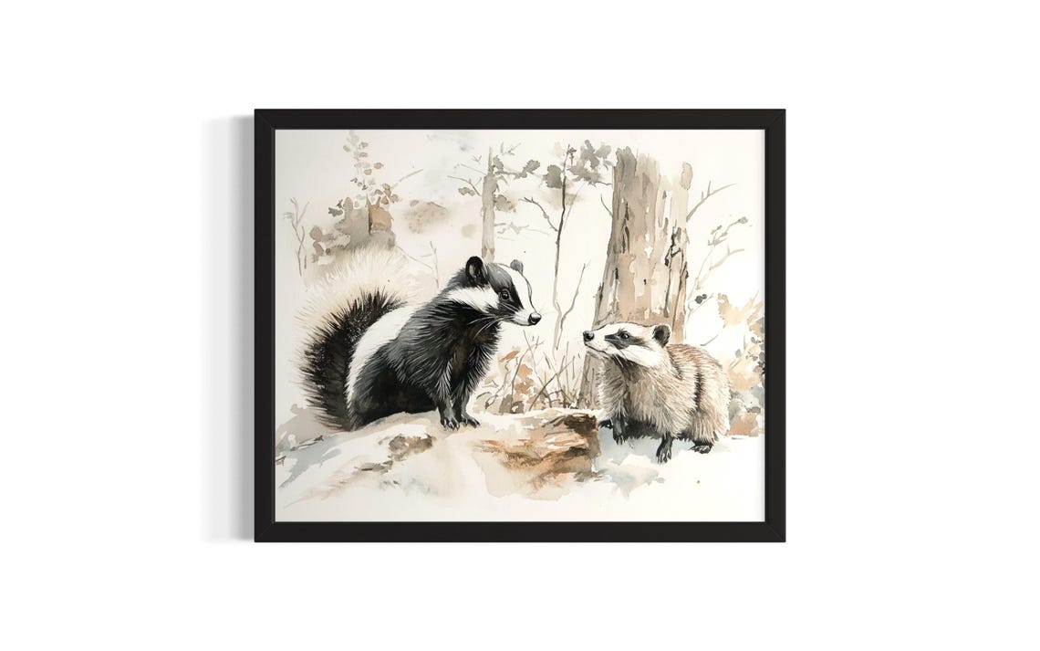 Skunk and Badger Meeting on a Snowy Log in Winter Watercolor Poster