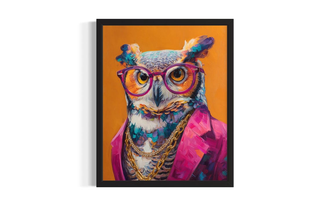 Funky Owl in Pink Suit with Purple Glasses and Gold Chains Poster