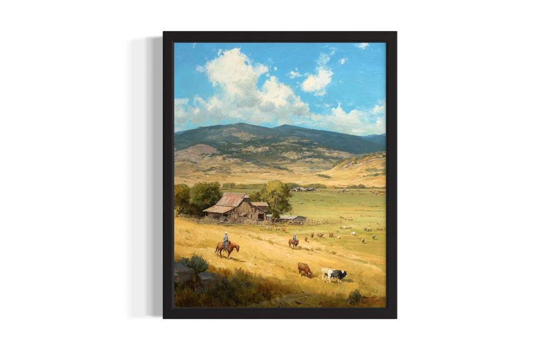 Peaceful Ranch Life In The Valley Cowboys Cattle And Barn Poster