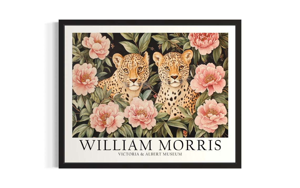 William Morris Front Facing Leopard Pair Peony Garden Art Poster