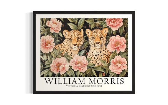 William Morris Front Facing Leopard Pair Peony Garden Art Poster