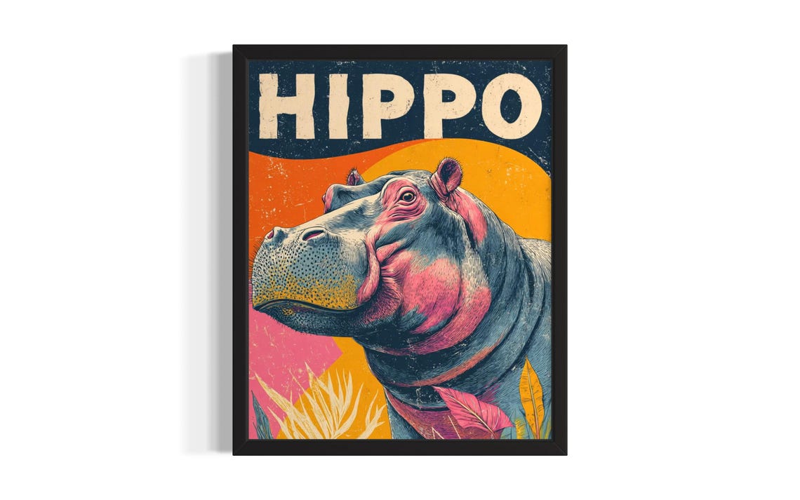 Hippo Pop Art Animal Poster Print Living Room Wall Original Painting Artwork Decor
