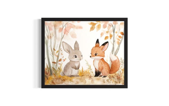 Rabbit And Fox Animal In Harmony Forest Wildlife Poster Art Print Living Room Wall Original Painting Artwork Decor