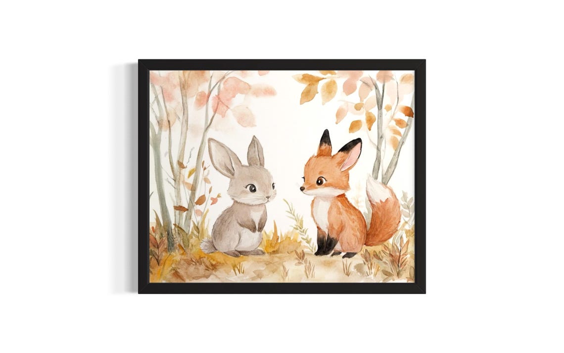 Rabbit and Red Fox in an Autumn Birch Forest Watercolor Poster