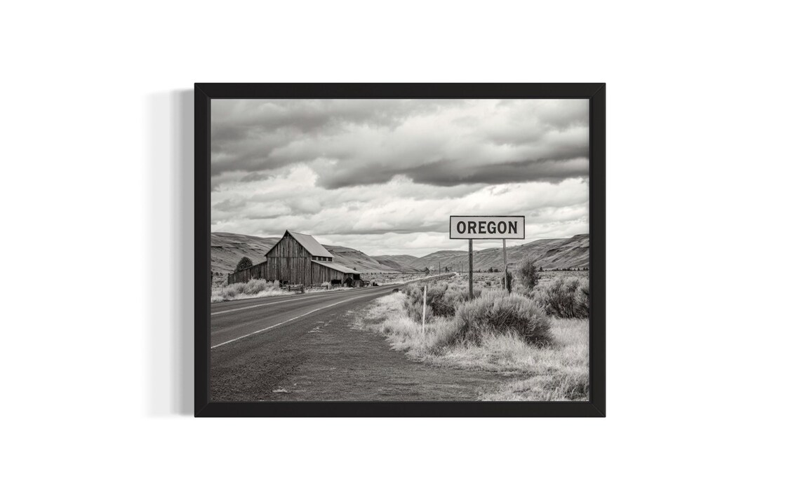 Oregon Black And White Highway Sign Wooden Barn Farm Photo Print