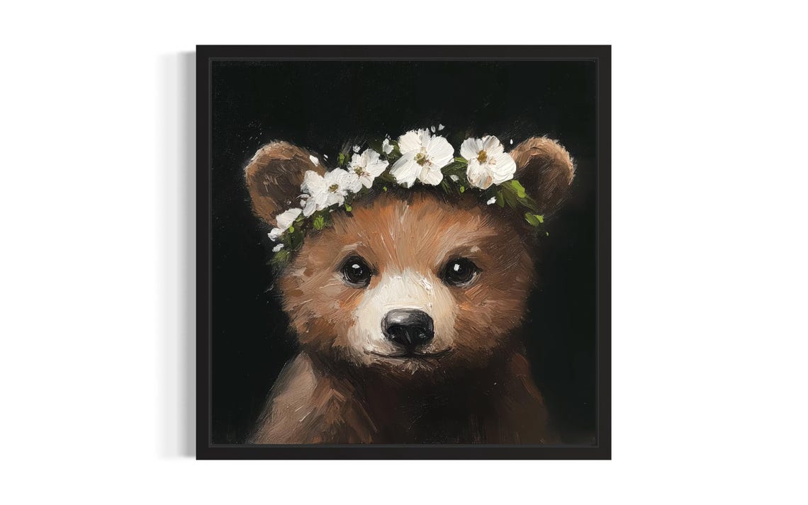 Baby Bear Cub Flower Crown Portrait on Black Background Poster