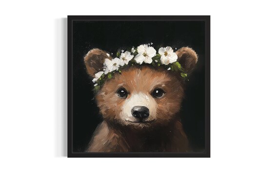Baby Bear Cub Flower Crown Portrait on Black Background Poster