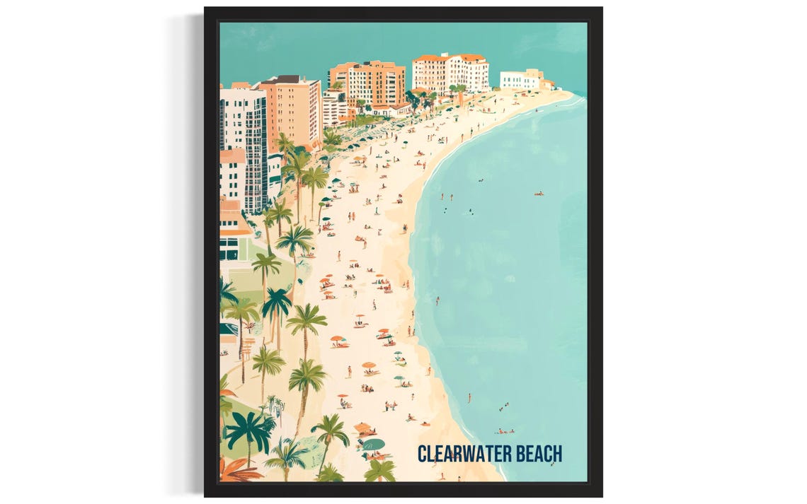 Clearwater Beach Aerial Resort Shoreline View Retro Travel Poster