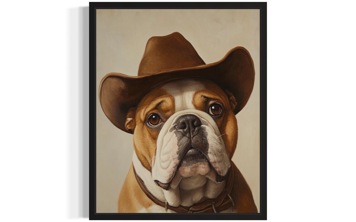 English Bulldog in Cowboy Hat Funny Western Dog Portrait Poster