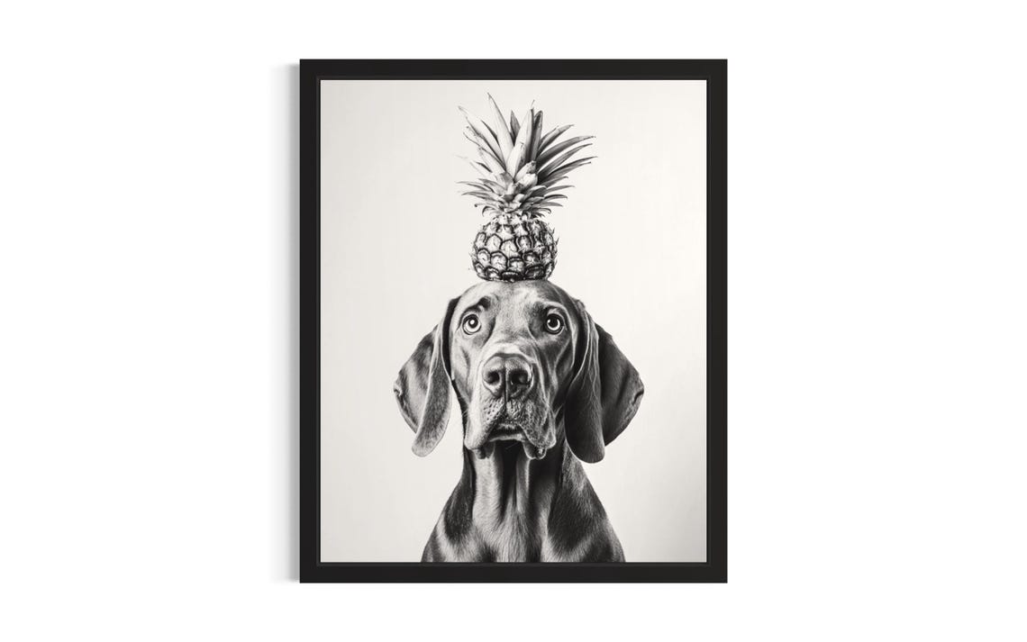 Bloodhound Balancing Pineapple Black And White Dog Portrait Poster