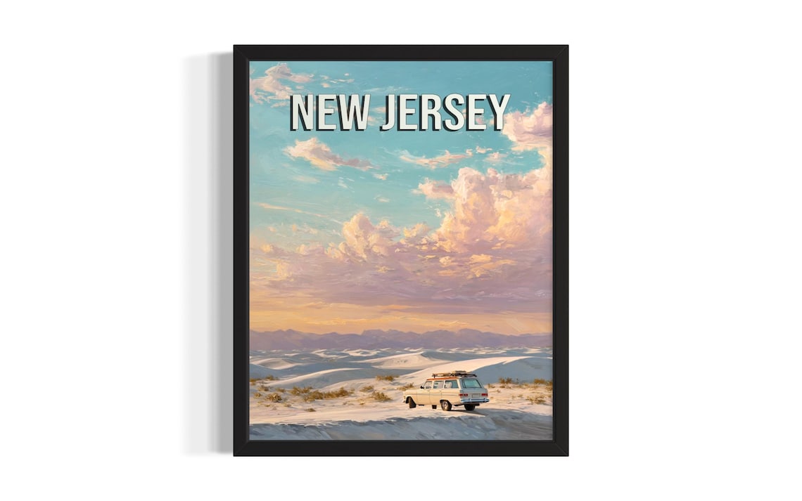New Jersey White Sand Dunes with Vintage Station Wagon Travel Poster