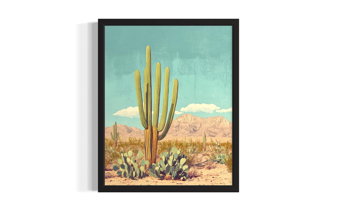 Saguaro Cactus Desert Landscape Retro Travel Poster Prickly Pear Art