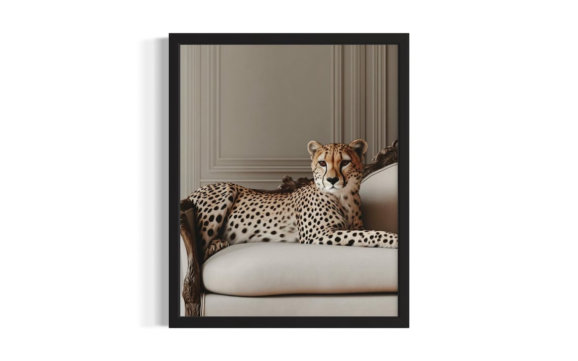 Elegant Cheetah Lounging on Vintage Chaise Lounge Art Poster