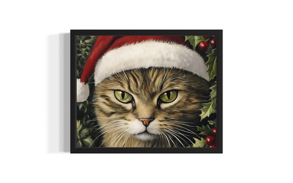 Grumpy Tabby Cat in Santa Hat with Holly Berries Christmas Art Poster
