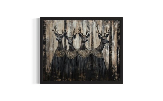 Four Deer in Black Victorian Dresses Gothic Animal Portrait Art Poster
