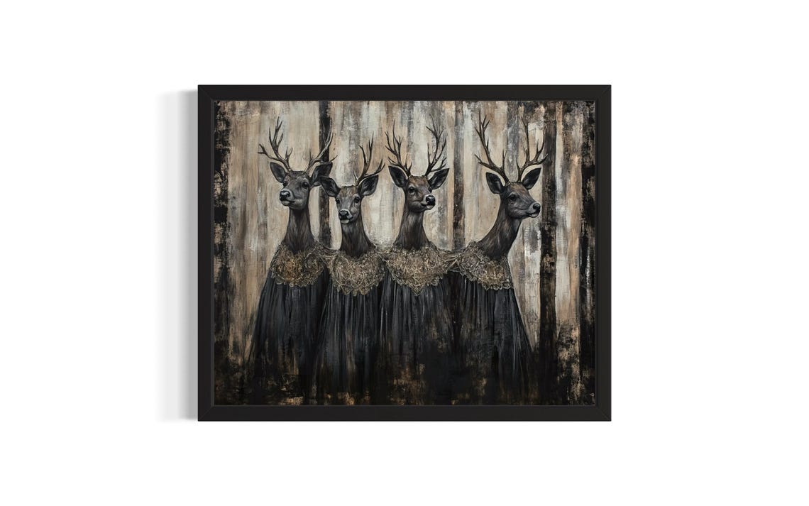 Four Deer in Black Victorian Dresses Gothic Animal Portrait Art Poster