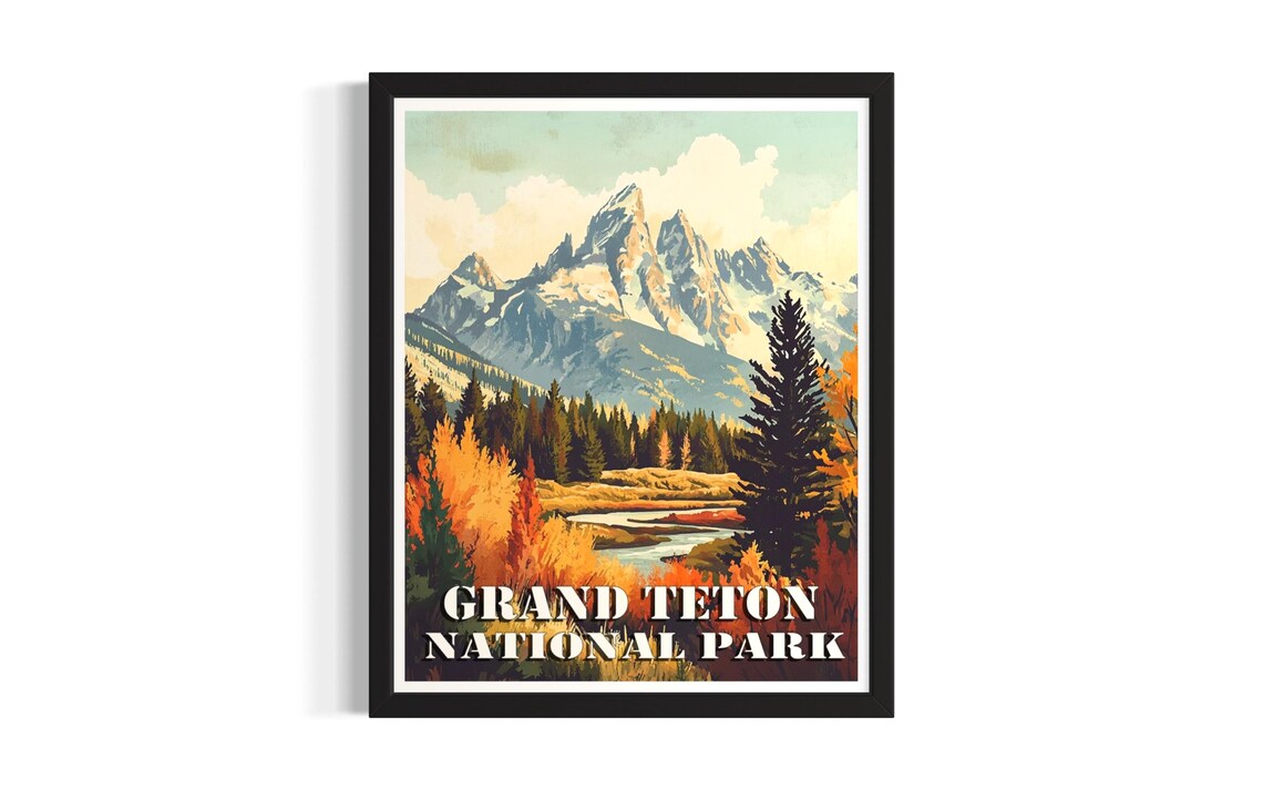 Grand Teton National Park Vintage Peaks Autumn Travel Poster