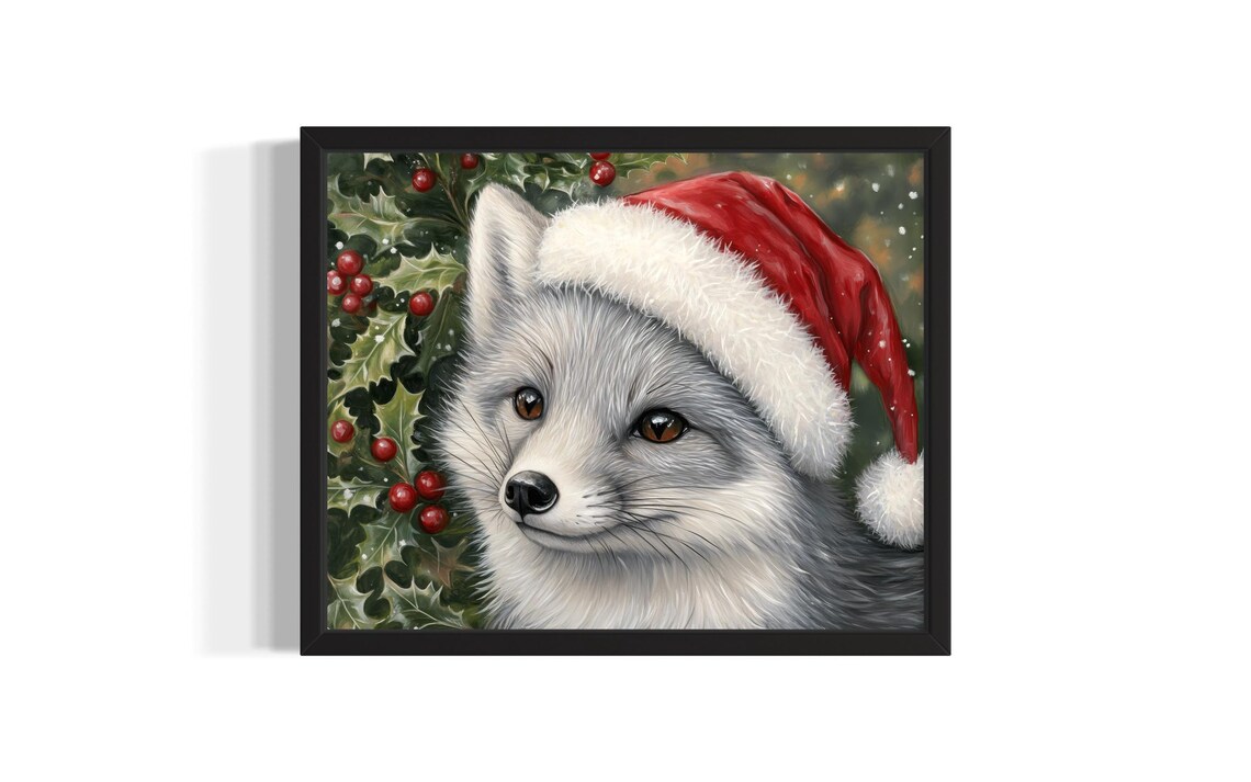 Arctic Fox in Santa Hat with Holly Berries Christmas Painting Poster