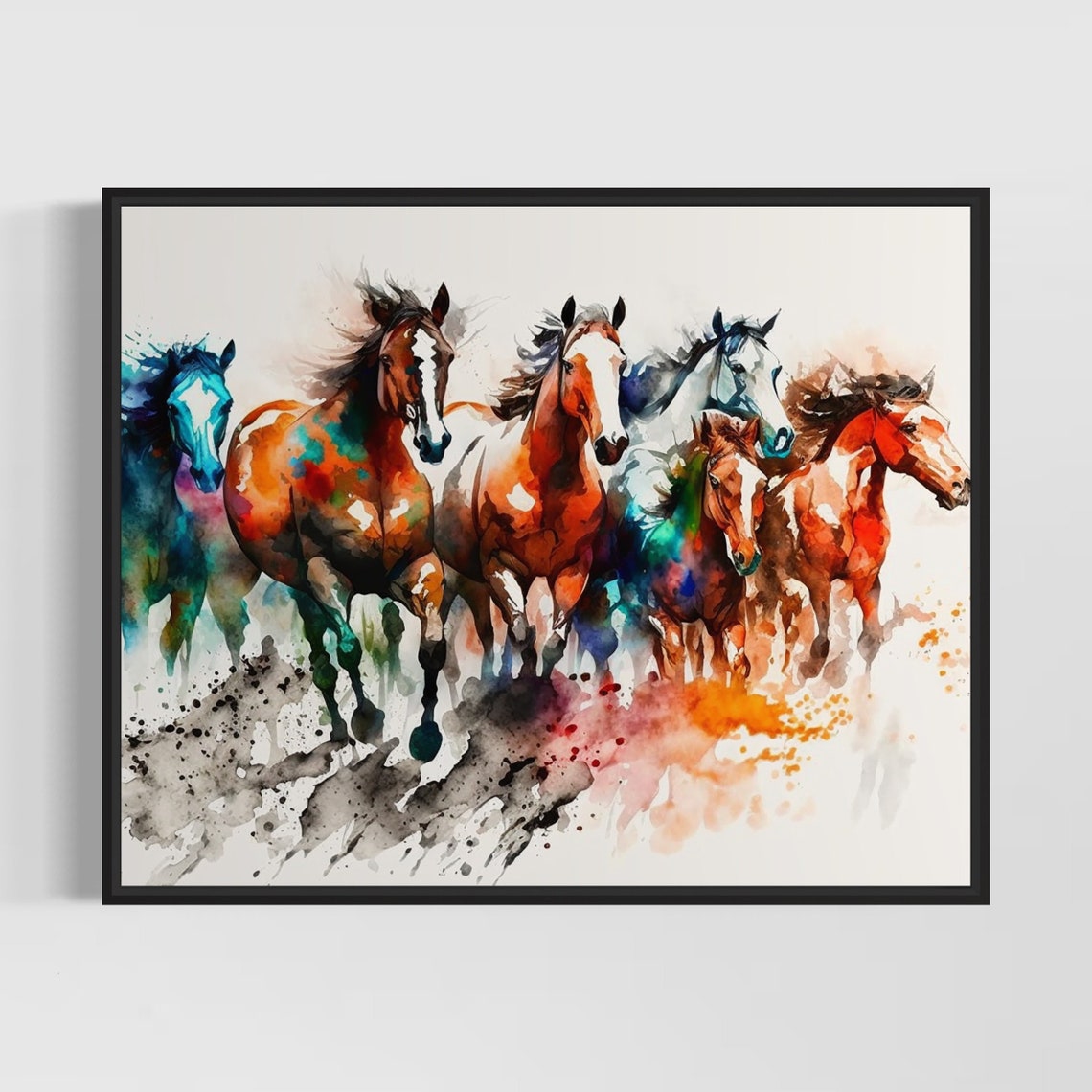 Seven Galloping Horses Vibrant Color Splash Watercolor Poster