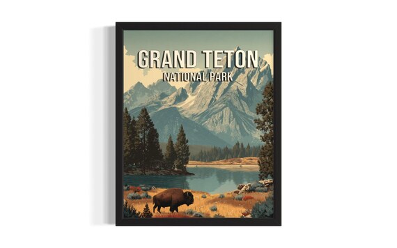 Grand Teton National Park Bison Lake Scene Vintage Travel Poster