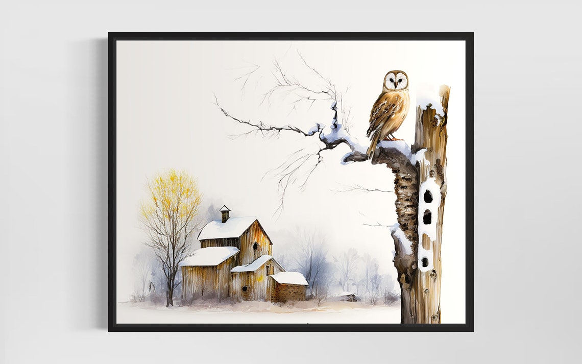 Barn Owl Perched on Snowy Fence Post Winter Watercolor Poster