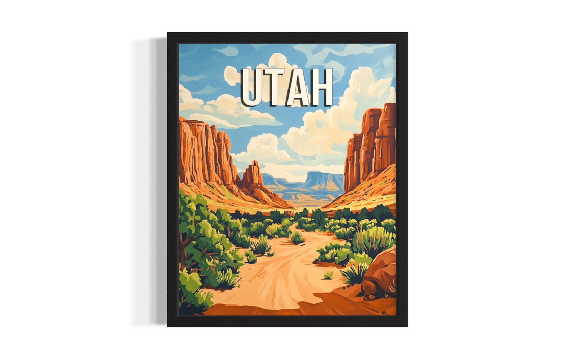 Utah Spring Canyon Desert Red Rocks Scenic Trail Retro Poster
