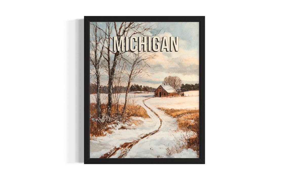 Michigan Winter Snow Barn Country Lane Watercolor Travel Poster
