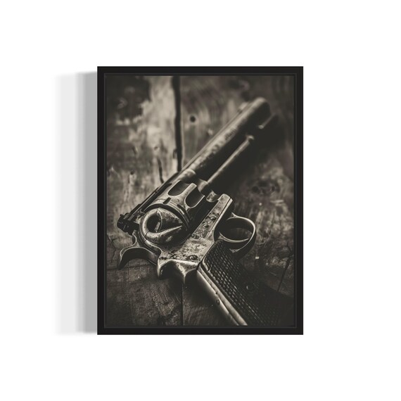 Antique Revolver Close-Up Vintage Black and White Photo Poster