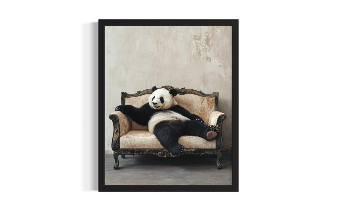 Lazy Panda Lounging on Vintage Velvet Sofa Funny Photo Poster