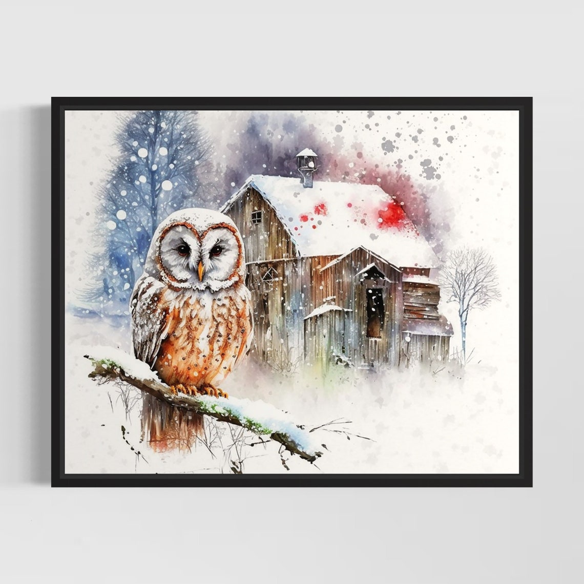 Owl Perched On A Snowy Branch By A Winter Barn Watercolor Poster