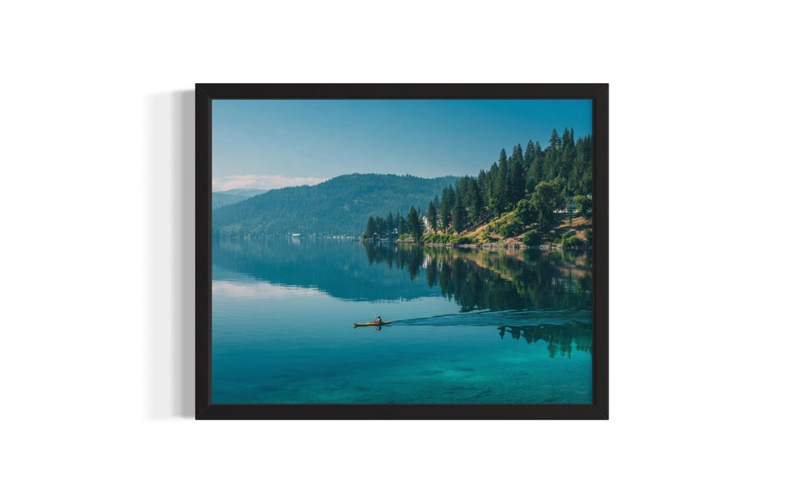 Calm Lake Kayaker Pine Forest Hills Mirror Water Photo Poster