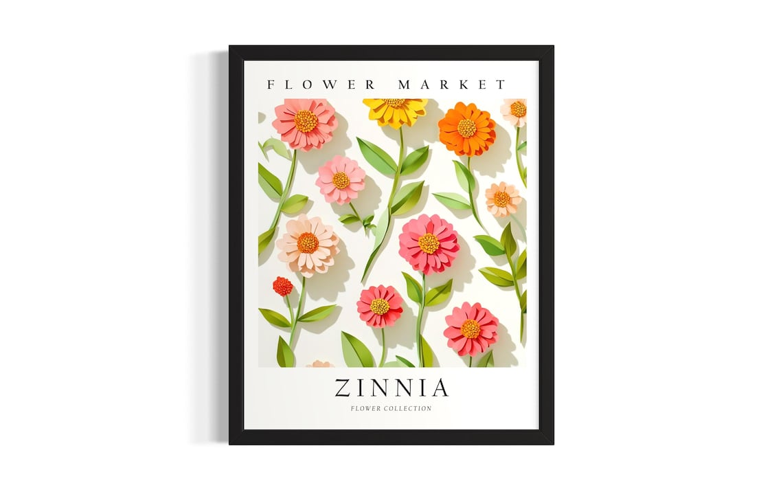 Zinnia Flower Market 3D Paper Cut Colorful Floral Botanical Art Poster