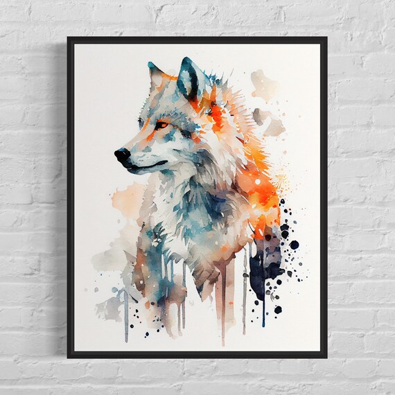 Arctic Wolf Profile White Watercolor Splash Portrait Art Poster