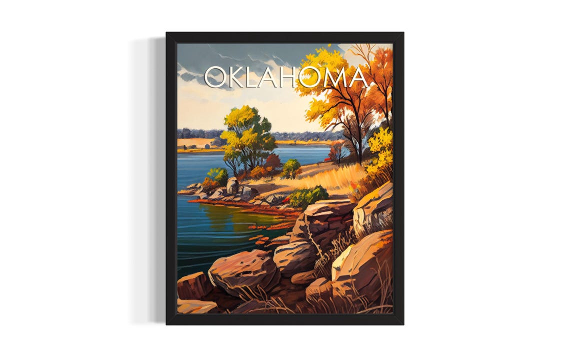 Oklahoma Autumn Lake Rocky Shore Golden Fall Trees View Poster