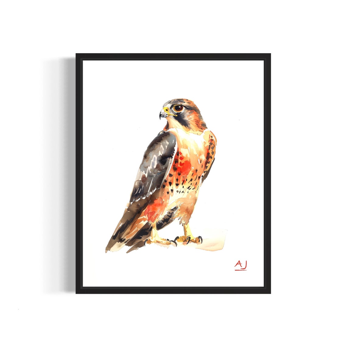 Watchful Falcon Perched on a Bare Branch Watercolor Painting Poster
