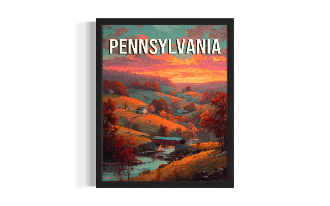 Pennsylvania Sunset Hills Covered Bridge River Landscape Poster