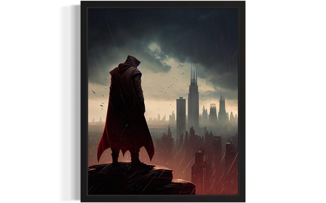 Hooded Figure Overlooking A Stormy City Skyline Cinematic Poster