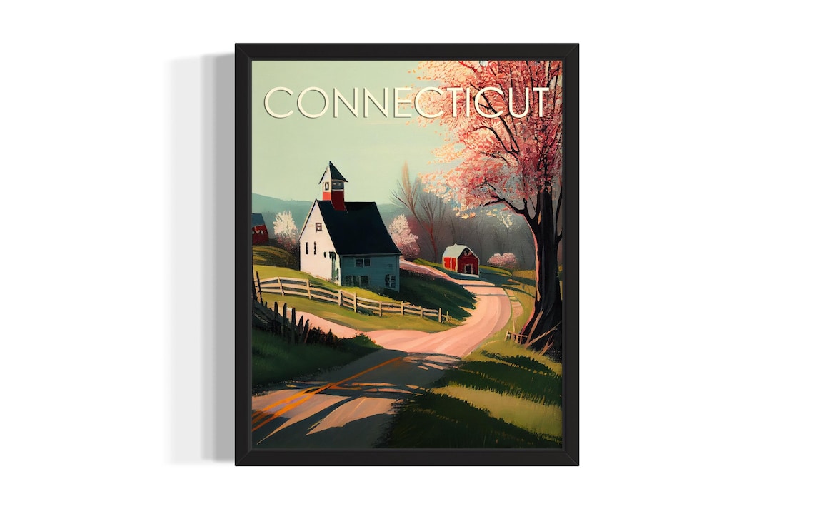 Connecticut Spring Church Cherry Blossom Farm Road Art Poster