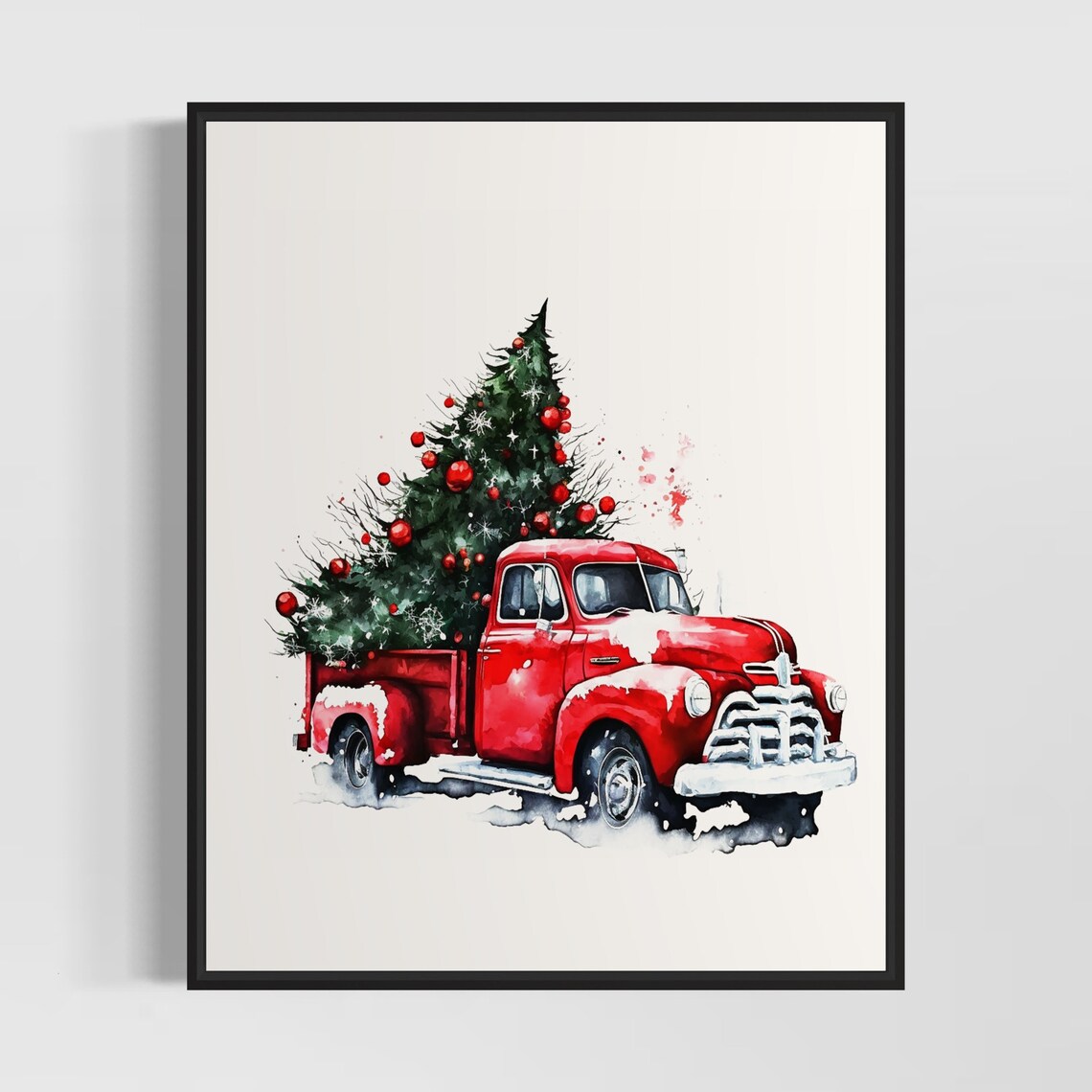 Red Vintage Pickup Truck in a Winter Wonderland Christmas Scene Poster