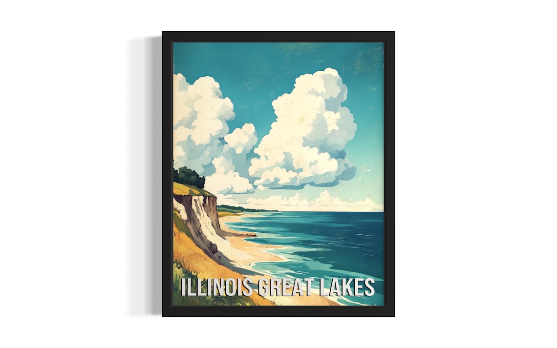 Illinois Great Lakes Sandy Bluffs Beach Vintage Travel Poster