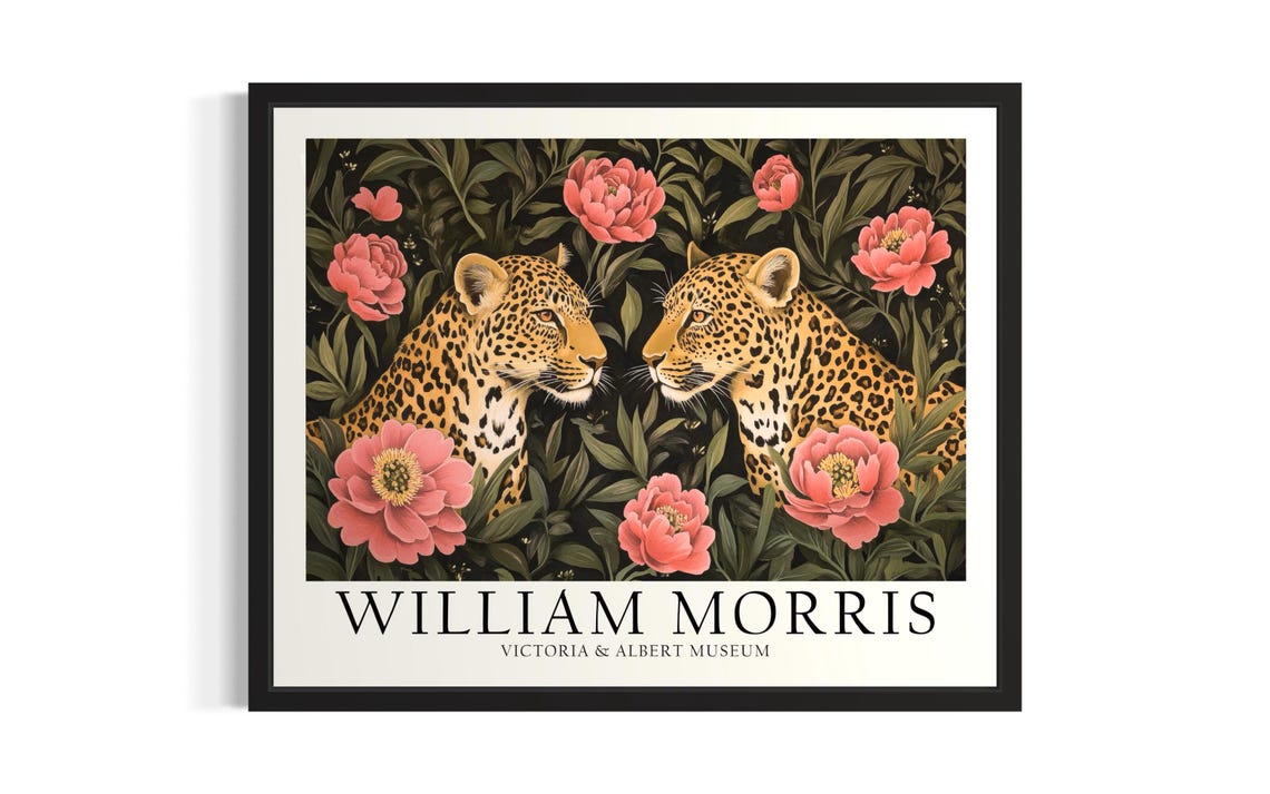William Morris Leopard Pair In Pink Peony Garden Vintage Art Poster