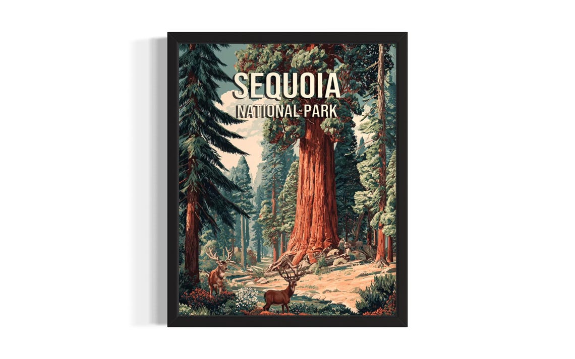Sequoia National Park Giant Sequoia and Elk Vintage Travel Poster