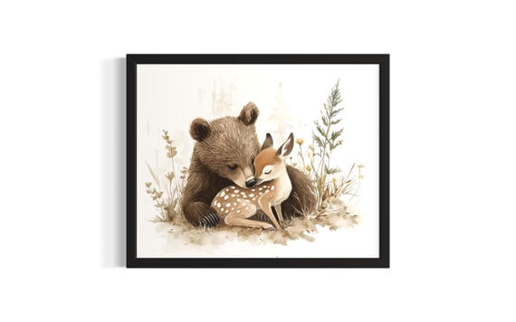 Bear Cub And Fawn Animal In Harmony Forest Wildlife Poster Art Print Living Room Wall Original Painting Artwork Decor
