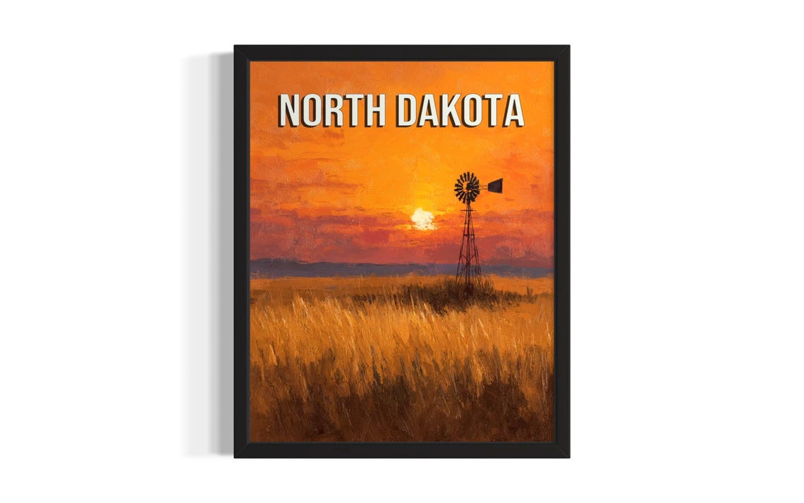 North Dakota Windmill Sunset Golden Wheat Field Prairie Poster