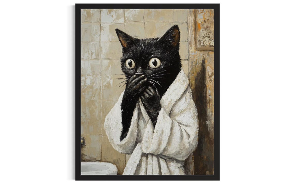 Black Cat Wide Eyed Bathrobe Surprised Funny Bathroom Poster