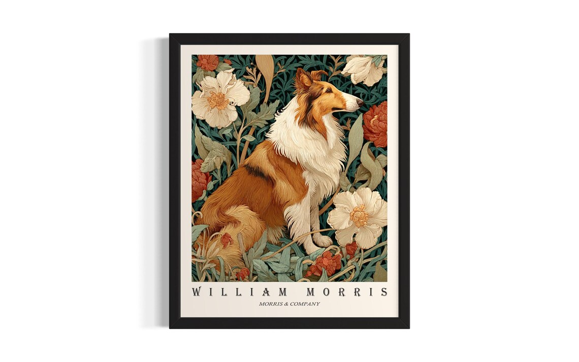 Collie William Morris Floral Botanical Dog Portrait Art Poster