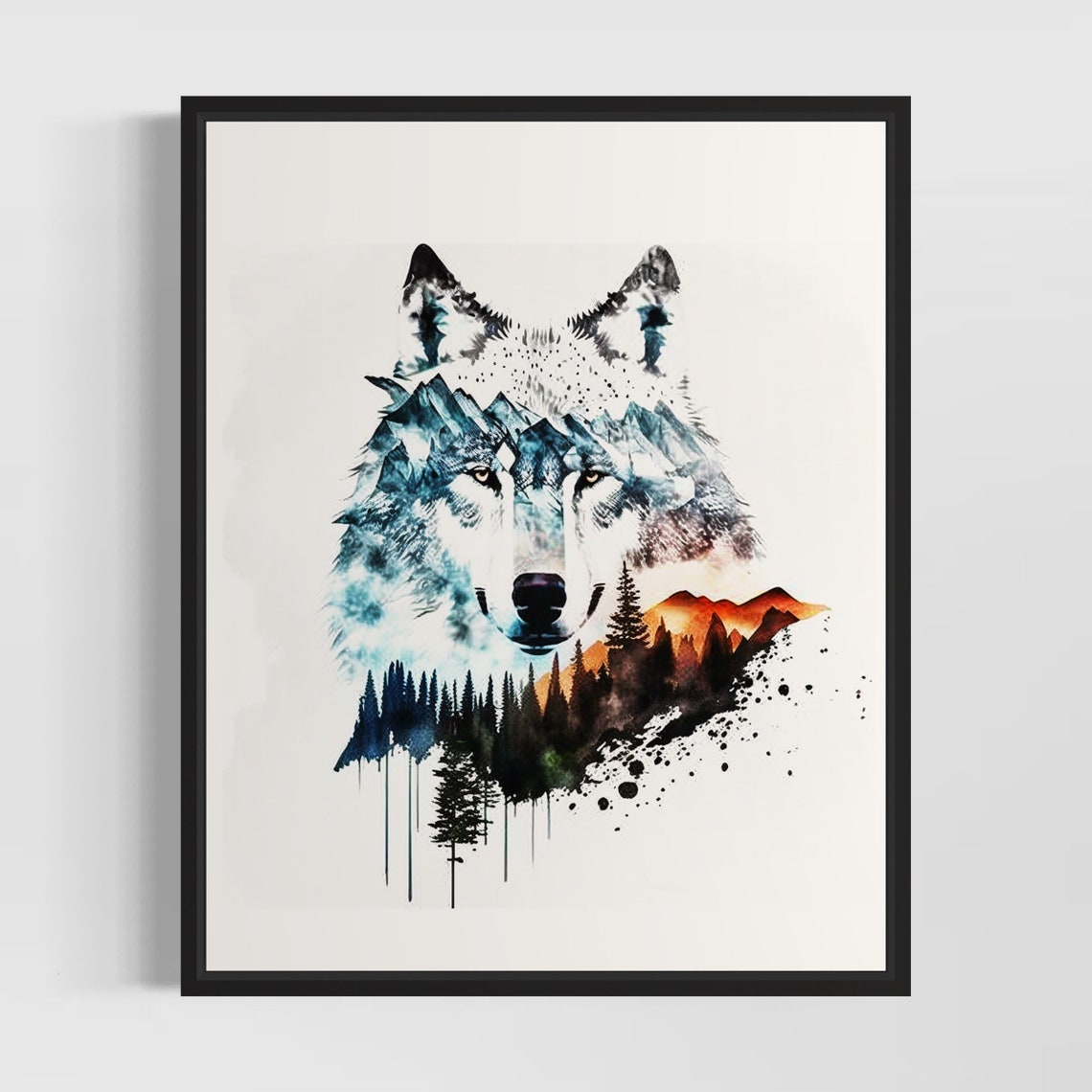 Wolf Double Exposure Mountain Forest Watercolor Wilderness Art Poster